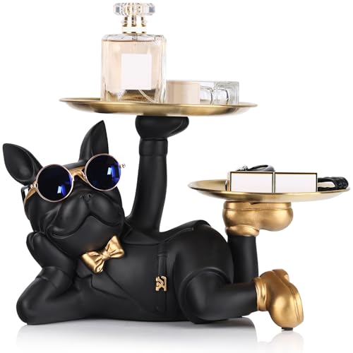 Bulldog Tray Statue - Bulldog Butler with Storage Tray for Entryway Key Holder, Ring Holder, Living Room Coffee Table Candy Dish, Modern Home Office Desktop Decor (Black)