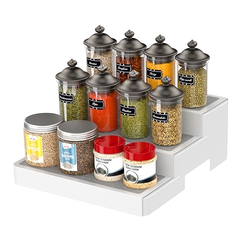 YAN & HIN Expandable Spice Rack Organizer for Cabinet (2 Pack), 3-Tier Tiered Spice Shelf Organizer with Non-Skid Surface, Spice Riser, Adjustable Pantry Organizer for Spices, Cans & Medicine Cabinet