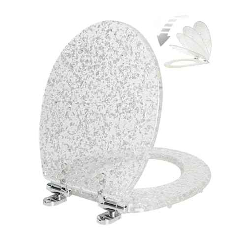 Resin Toilet Seat Round with Easy Clean Adjustable Hinges, Soft Close Quick Release Heavy Duty Silver Glitter Cover Acrylic Toilet Seats (Round 17 Inch, Silver Foil, Upgraded hinge)
