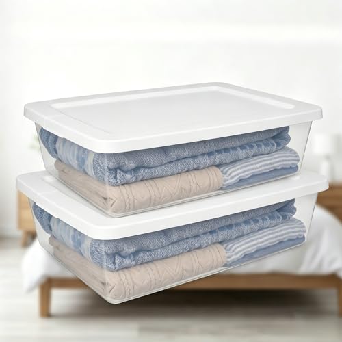 (2 pack) 28 Quart Clear Storage Bin with Lid, Under Bed Storage Container, Low-Profile Stackable Plastic Bin for Clothes, Towels