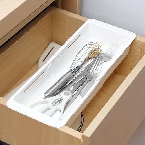 1 Pack Deep Drawer Organizer Bins, Sliding Drawer Organizer Bin Expandable and Adjustable Tray for Kitchen Utensils, Towels, BBQ Tools, Durable Plastic Sliding for Easy Storage (12.4-17.7") - size: 12.4-17.7"