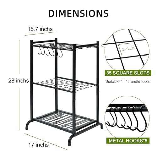Garden Tool Organizer with Storage Hooks, Yard Tool Tower Rack for Garage Organization and Storage, Up to 35 Long-Handled Tools, Metal Tool Holder with 6 Hooks, Black