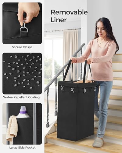 SONGMICS Laundry Basket with Wheels, Rolling Laundry Hamper, 23.8 Gallons (90 L), Removable Liner, Steel Frame with Handle, 24 x 11.4 x 31.9 Inches, Ink Black URLS003B01 - color: Ink Black, size: 90 L (1-Section), style: Rectangular with handle