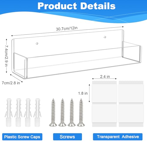 Acrylic Spice Rack Wall Mount-12 Inch, Clear Spice Shelf Storage Holder, 2 Pack Hanging Seasoning Rack Organizer for Cabinet Door, Cupboard or Wall Kitchen (Adhesive or Screw) - size: 12"- 2 Pack