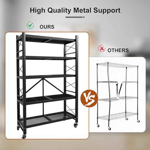 Grezone Foldable Shelves 5 Tier Heavy Duty Metal Storage Shelves with Wheels - No Assembly Collapsible Shelving Unit for Kitchen Garage Hold up to 1250 lbs - size: 39‘’W x 13.9''D x 62.9''H