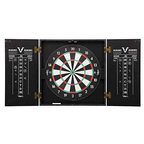 Viper Hideaway Dartboard Cabinet Set with Steel-Tip Dart Board, Reversible Board with Baseball Game Option, Two Sets of Darts, Chalk Scoreboards, and Matte Black Finish