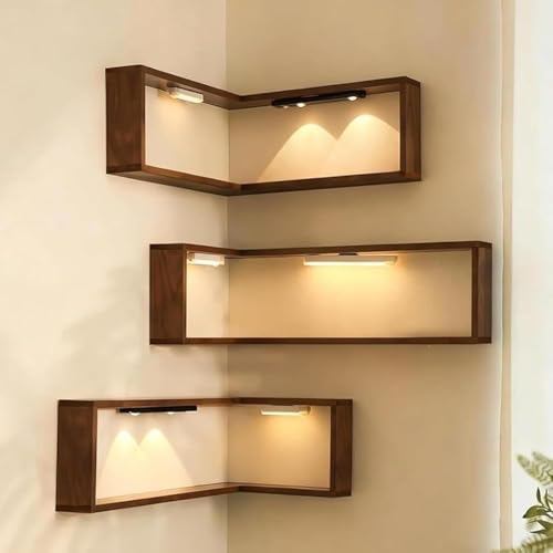 Smart Corner Shelves that Light up Your Space, Set of 3 Corner Floating Storage Shelves,Wooden Wall-Mounted Corner Shelf Display Rack, Space-Saving (Set of 3(Includes LED Lights*6)) - size: Set of 3(Includes LED lights*6)