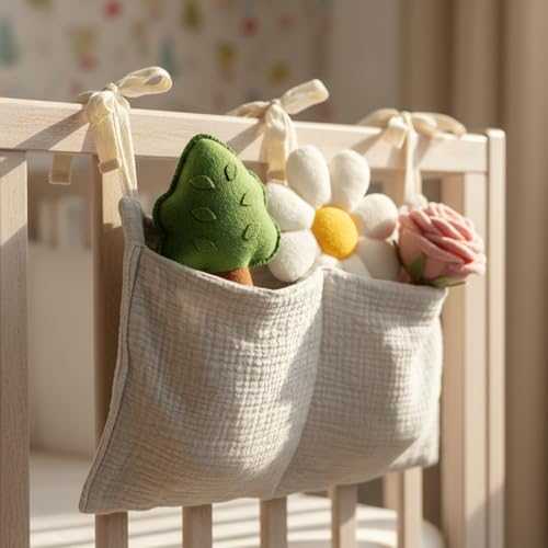 Cotton Baby Hanging Bedside Storage Bag Organizer with 2 Pockets, Baby Crib Accessories for Cribs, Toys, Diapers (Light Gray)