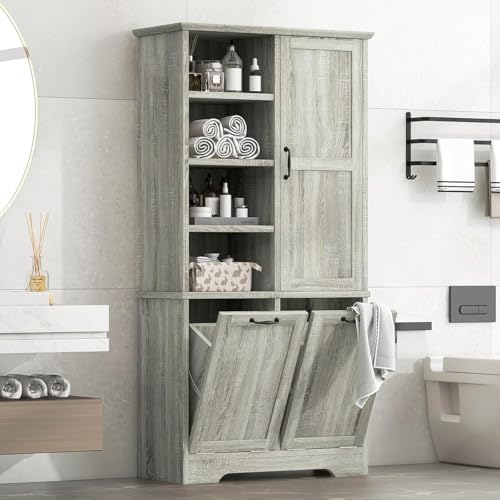 Virubi Tall Laundry Cabinet with 2 Tilt Out Hamper, Wood Bathroom Storage Cabinet with Doors and Adjustable Shelves Freestanding,Oak (Oak)