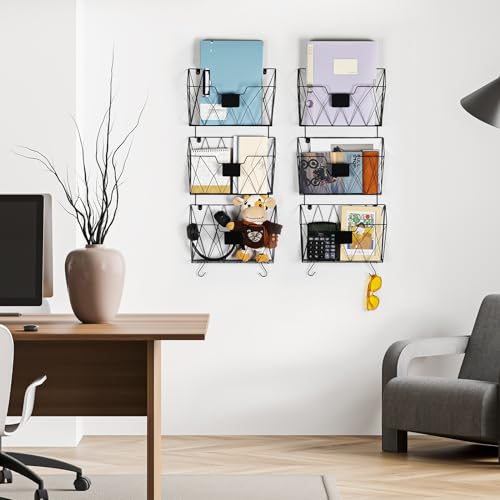 OYEAL Hanging Wall File Organizer, 6 Pockets Wall File Holder, Metal Mail Organizer Wall Mounted with Hooks for Papers, Folders, Office Magazine Rack, Black