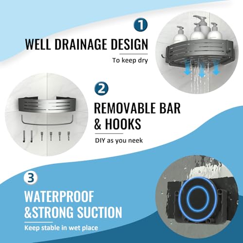 Onemake Corner Shower Caddy with Suction Cups, 2-Pack Removable Aluminum Wall Mounted Organizer Shelves Storage Rack with Towel Bar Portable Hook for Bathroom, Grey - style: 2 Tier-Gray-Triangle Caddies