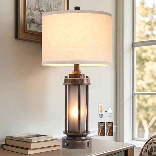 25'' Farmhouse Table Lamp with 2 USB Charging Ports, Rustic Vintage Nightstand Lamp with Frosted Glass Nightlight, Retro Desk Lamp for Living Room Bedroom End Table Entryway, 2 Bulbs Included
