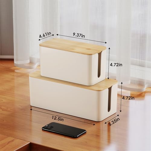 Delamu 2 Pack Cable Management Box Wooden, Wood Box with Lid Safe ABS Cord Hider Box Medium and Small Cable Organizers for Cords, Cable Raceways Power Strip Cover Box Baby Pet Proof for Home Office