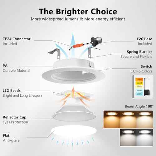 LVWIT 4 Inch LED Recessed Lights, LED Can Lights, Color Selectable 2700/3000/4000/5000/6000K 5CCT, 7W 700LM, Dimmable Recessed Lighting with E26 Conversion Kit, Retrofit Recessed Light, 12 Pack