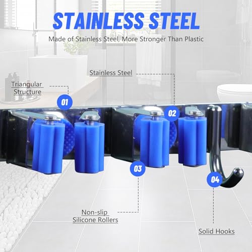 Broom Holder Mop Hanger Wall Mount Metal Organization Garage Storage System Laundry Room Closet Shed Garden Kitchen Tool Organizer (6 Racks with 3 Hooks, Blue)