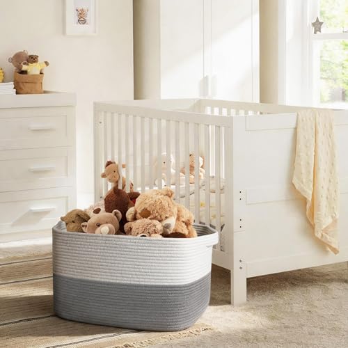 MEGASKET Extra Large Laundry Basket, Rectangle Woven Cotton Rope Storage Basket with Handles, Wicker Laundry Hamper, Farmhouse Storage Bin for Blankets Clothes Toys, Grey, 22" x 17" x 12" - color: White & Gray