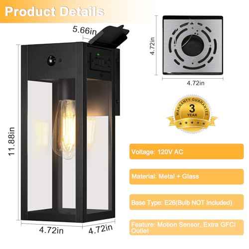 Porch Lights with GFCI Outlet, Dusk to Dawn Motion Sensor Outdoor Lights, 2 Lighting Modes Waterproof Anti-Rust Wall Sconce Lantern, Outside Light for House, Black