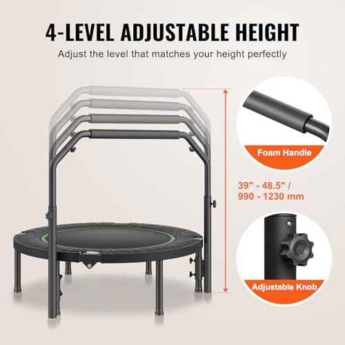 VEVOR Foldable Mini Trampoline, 40 Inch Fitness Rebounder, Max Load 330lbs Exercise Trampoline, Stable & Quiet Trampoline with 4 Level Height Adjustable Foam Handle, for Adults Indoor/Garden Workout