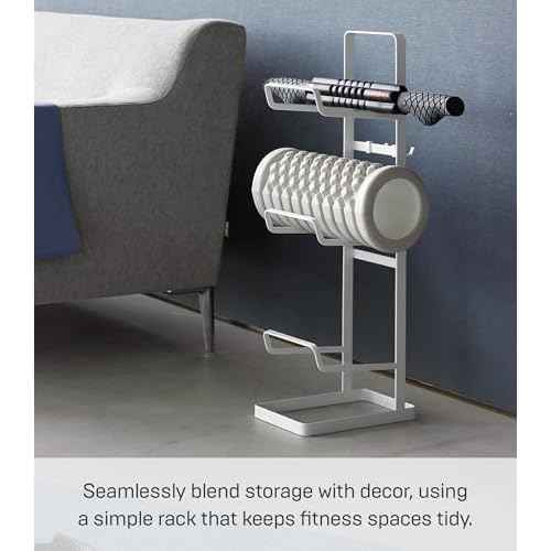Yamazaki Home Tower Steel Storage Rack For Yoga Mats & Foam Rollers - Includes Hooks For Fitness Accessories - Steel