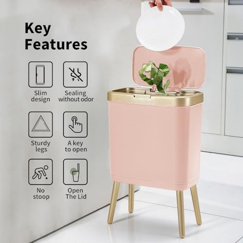 Procade Bathroom Trash Can with Lid, 4 Gallon Pink Garbage Can, Tall Plastic Trash Bin with Push Button, Slim Gold Trash Can Waste Basket for Room, Bedroom,Office,Kitchen - color: Pink