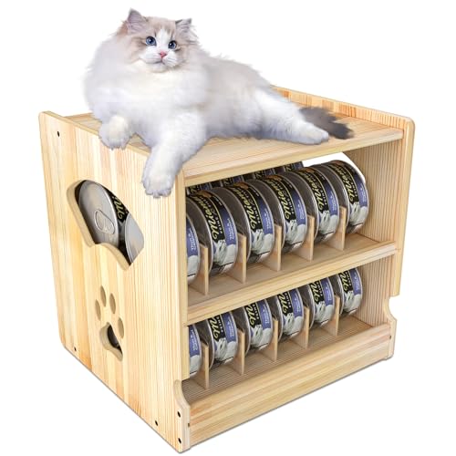 Wood Cat Can Organizer for Pantry, 2 Tier Stackable Can Storage Rack for Kitchen Counter And Cabinet Cat Food Storage Container Holds 36 (3oz) Cans FIFO Design