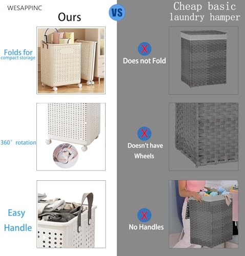 WESAPPINC Collapsible Large Laundry Hamper, Plastic Laundry Basket with Wheels,Suitable for Bathroom, Bedroom, Dorm Room & Laundry Room,Basket with Handle (White) - color: 55L White