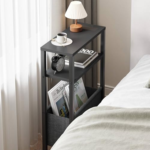 Narrow Side Table, Slim End Table with Magazine Rack, Bedside Table for Small Spaces, 3 Tier Sofa Couch Table Nightstand for Living Room, Bedroom Black LET503B - color: Black