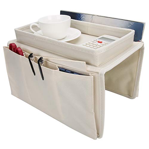 Sofa Armrest Organizer with Cup Holder Tray,4 Pockets Armchair Caddy Bedside Storage Pockets Bag 11.8x7.1x7.1inch TV Remote Control Organizer Armchair Couch Bag (Beige) - color: Beige