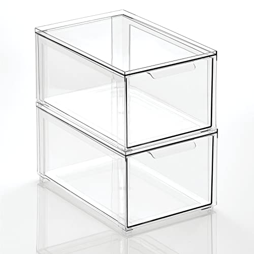 mDesign Plastic Stackable Bathroom Storage with Pull Out Bin Organizer Drawer for Cabinet, Vanity, Shelf, Cupboard, Cabinet, or Closet Organization - Lumiere Collection - 2 Pack - Clear - size: 8 x 12 x 6 (Pack of 2)
