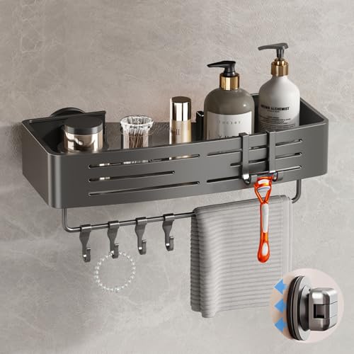 Voldra Shower Caddy Suction Cup, 1 Pack Shower Shelves for Inside Shower No Drilling, Aluminum Suction Showers Organizer with Towel Bar & Hooks Removable Bathroom Shelf Storage Rack(Gray) - style: Suction Cup Rectangle-1 Pack