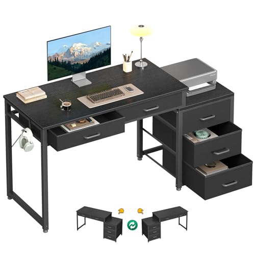 ODK Computer Desk with 5 Drawers, 53 Inch Office Desk with Printer Shelf, Reversible Gaming Desk for Home Bedroom, Writing Table Desk with Headphone Hook for Storage, Black - color: Black