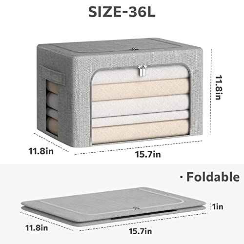 CYhom Clothes Storage Bins Box - Linen Fabric Foldable Stackable Container Organizer Set with Clear Window & Carry Handles & Metal Frame (Light Grey, Medium-36L)
