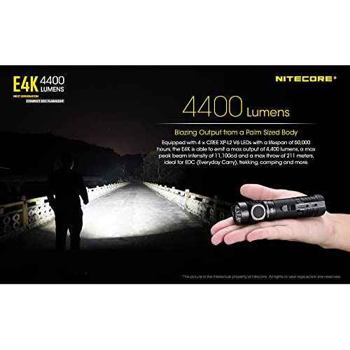 Nitecore E4K 4400 Lumen EDC Compact Rechargeable Flashlight with LumenTac Organizer