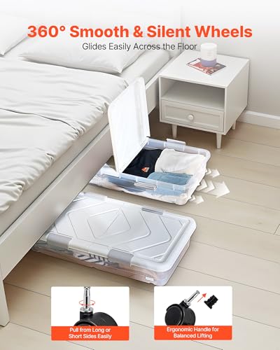 VEVOR Under Bed Storage with Wheels, 31.7 x 15.6 x 6.9 inch Underbed Containers, Underbed Shoes Organizer with Lid & Gray Latch, Rolling Under the Bed Storage Bins for Clothes Shoes Blankets, 4 Pack