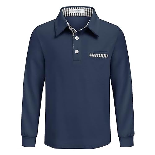 Arshiner Boy's Long Sleeve Plaid Trim Polo Shirt School Uniform Shirt with Pocket for 4-12 Years