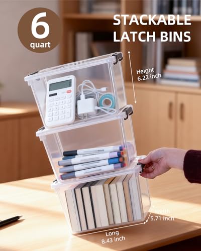 Citylife 8 Packs 6 QT Plastic Storage Bins with Latching Lids Clear Storage Box with handle Stackable Storage Containers for Organizing Snacks, Crafts, Toys, Tools - size: 8 Packs (10.31"L x 7.28" W x 6.1"H)