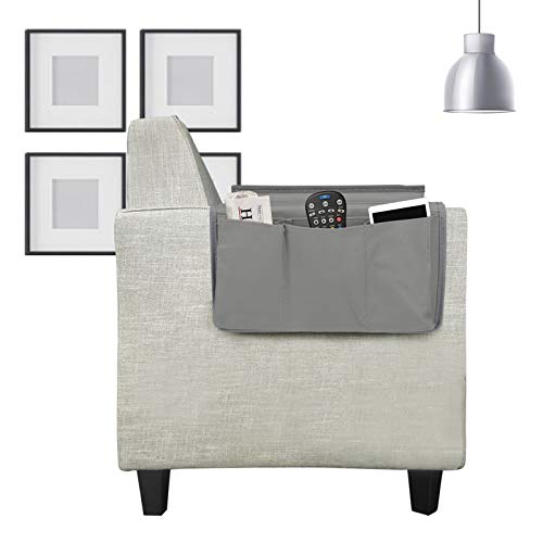 IPENNY Couch Sofa Armrest Organiser with Cup Holder Tray Chair TV Remote Holder Bedside Storage Pocket Bag for Cellphone Tablet Notepad Book Magazines DVD Eyewears Drinker Snacks Pouch - color: Grey (With Top Tray)