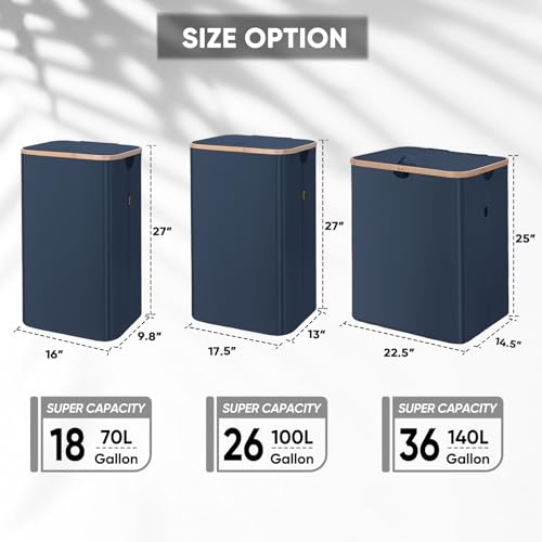 BALEINE Laundry Hamper with Lid, Tall Laundry Baskets with Bamboo Pull Handles, Large Laundry Bin with Internal Support (26 Gal/100L, Blue) - color: Blue, size: 100 liters
