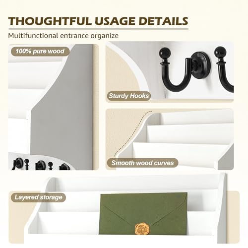 Rebee Vision Pine Wood Key Holder Wall Mount - Rustic Mail Holder for Wall with Key Hooks & 3-Tire Letter Slots - Multifunctional Key Holder on Wall for Entryway Storage (White) - color: White