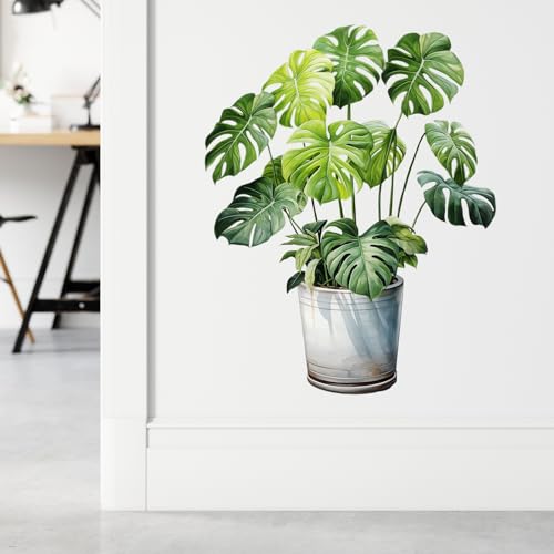 Monstera Wall Stickers for Living Room Potted Plants Tropic Leaves Wall Decal Peel and Stick Wall Art Home Decor Decoration for Bedroom Bathroom Classroom Library Nursery