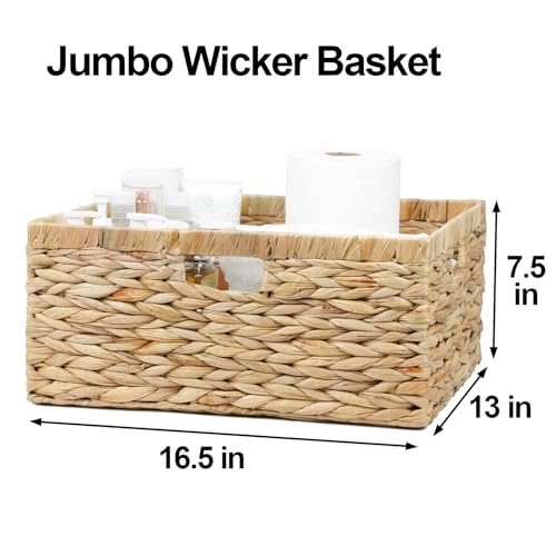 Jumbo Wicker Basket, Rectangular Wicker Baskets for Storage, Water Hyacinth Extra Large Storage Baskets, Shelf Basket with Built-in Handles-1 Pack - size: 16 ½"L x 13"W x 7 ½"H