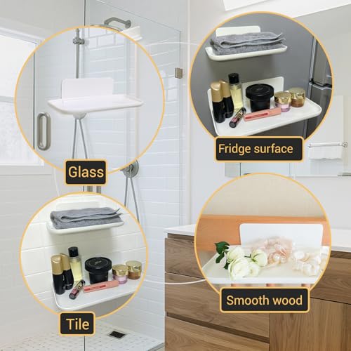 3 Pcs Small Foldable Floating Shelves for Living Room Bathroom,Bedside Shelf No Drill,Adhesive Shelves Organizer,Stick on Wall Rack Shelf Kitchen Entryway Bedroom,Bed Bedside Tray White