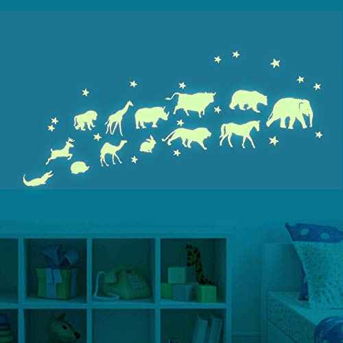 BENBO Animals Glow in Dark Wall Stickers, Cute Animals Jungle Adventure Horse Elephant Giraffe Camel Stars Peel and Wall Decals for Kids Bedroom Nursery Home Wall Mural Decor