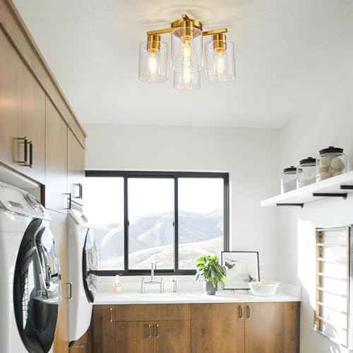 4 Light Semi Flush Mount Ceiling Light Brushed Gold Kitchen Lighting Fixtures Ceiling Brass Hallway Cieling Lights Fixture with Clear Glass Shade for Bedroom Dining Room