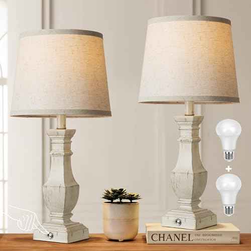 ROTTOGOON Dimmable Table Lamps Set of 2, Rustic Farmhouse Table Lamps for Living Room Bedroom, Bedside Desk Lamps for End Tables, Touch Lamps for Nightstand, 9W Bulbs Included, 22", Antique White