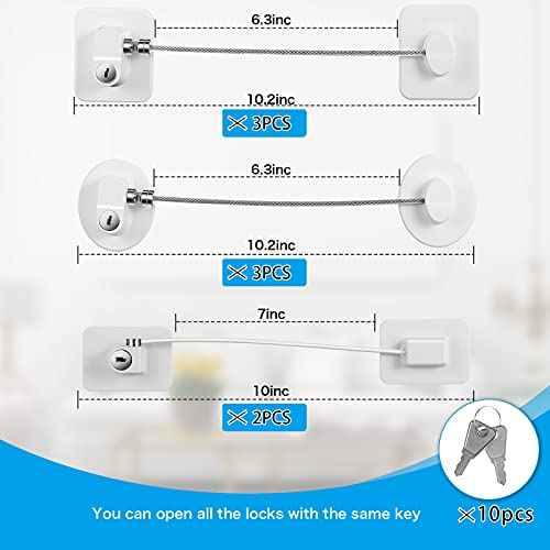 8 Pieces Refrigerator Locks for Children Adults with 10 Keys, Fridge Lock, Freezer Door Safety Cabinet Lock and Child Safety Cabinet Locks with Strong Adhesive (White)