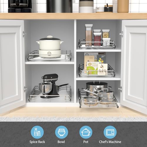 ZOINLIY Pull Out Cabinet Organizer, Versatile Slide Out Kitchen Organizers and Storage,Heavy Duty Drawer Cupboard Storage Basket, Smooth Sliding, Chrome Finish,14.8" W x 21" D - size: 14.8”W x 21”D (Outside Dimensions)