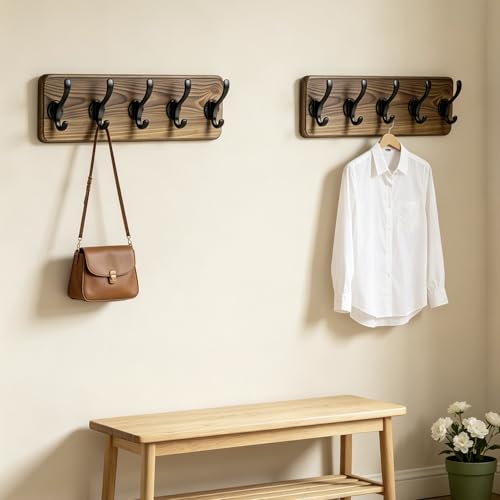 17" Coat Rack Wall Mount, Rustic Wall Mounted Coat Rack, Pine Solid Wood Coat Hook Hanger with 5 Metal Hooks- Wall Coat for Hanging Clothes Key Robes Towels Coats - color: Brown, size: 17 inch