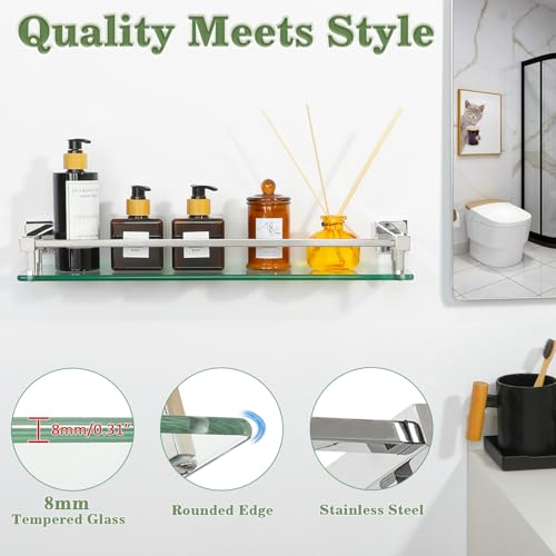 Alise Glass Shelf for Bathroom 20 inch, Polished Chrome Glass Floating Shelves, Stainless Steel Glass Bathroom Shelves Wall Mounted - color: Polished Chrome, size: 20 Inch