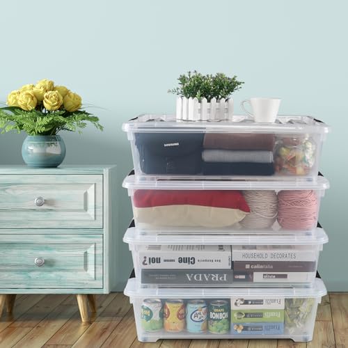 4-Pack 25 Quart Under Bed Plastic Storage Bins, Clear Under Bed Storage Box Container with Wheels - size: 25 Quart